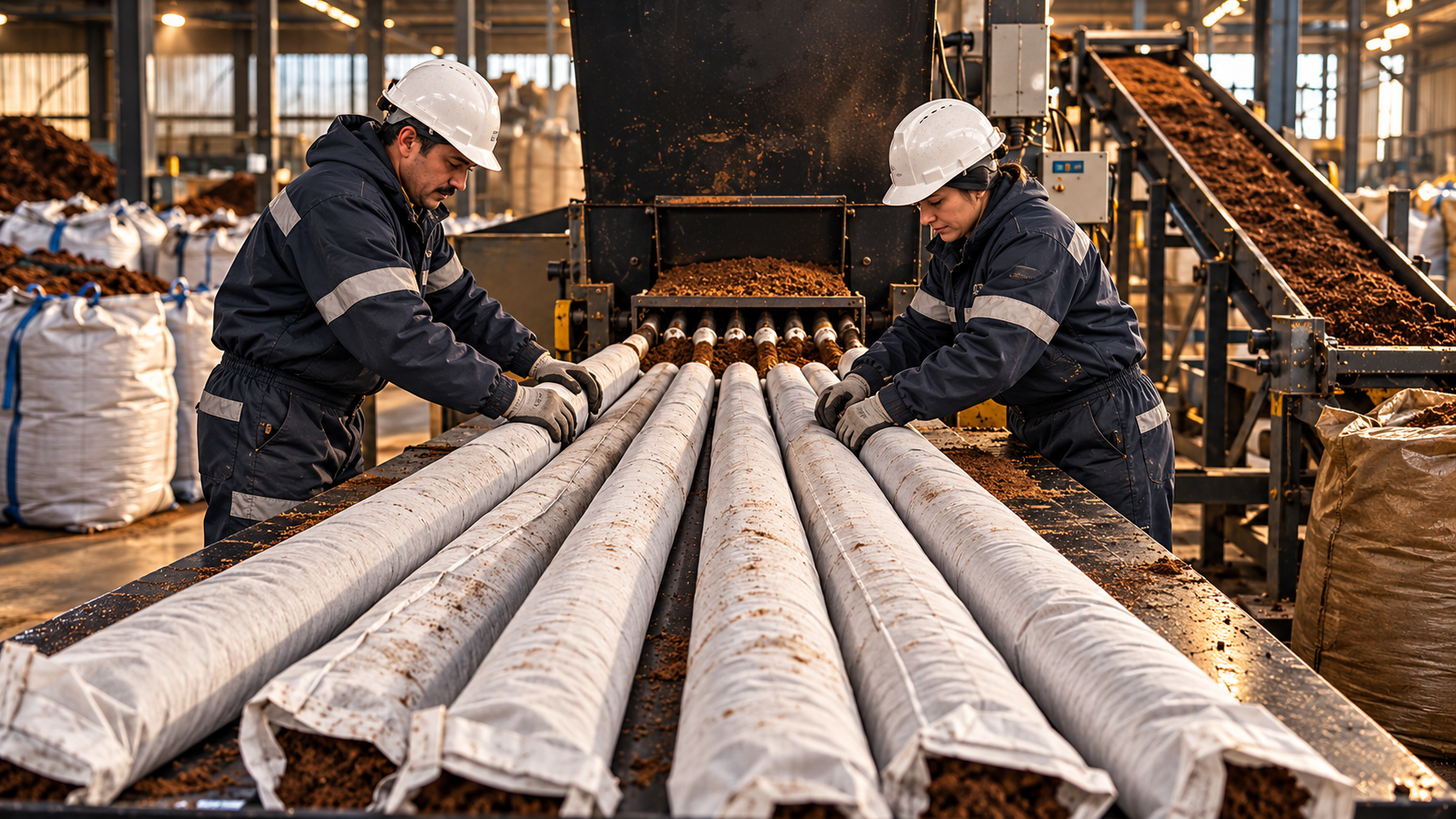Operarios trabajando en una línea de absorbentes